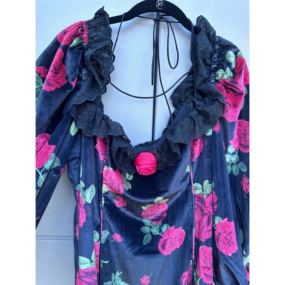 For Love & Lemons Yara Floral Mini Fairy Whimsigoth Velvet Babydoll Dress Sz XL - Picture 10 of 16